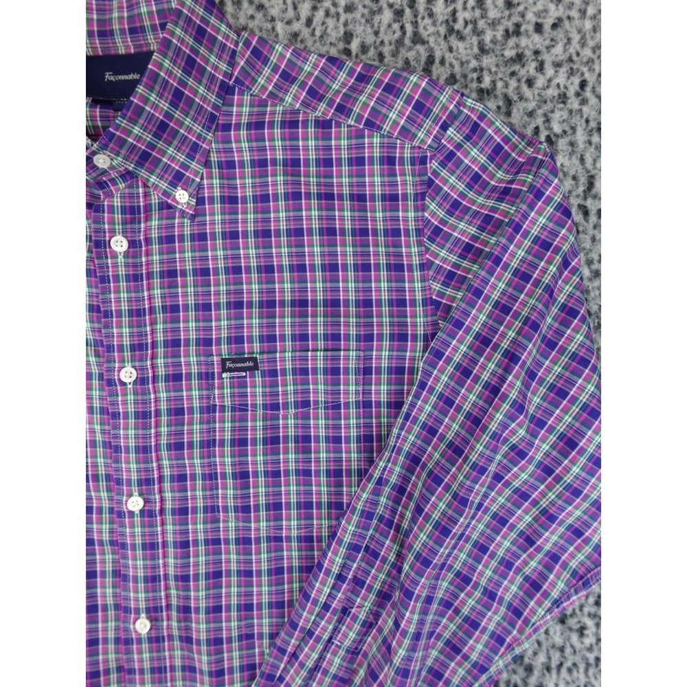 Faconnable Mens Plaid Button Down Shirt Large Purple Green White Long Sleeve L - Picture 3 of 13